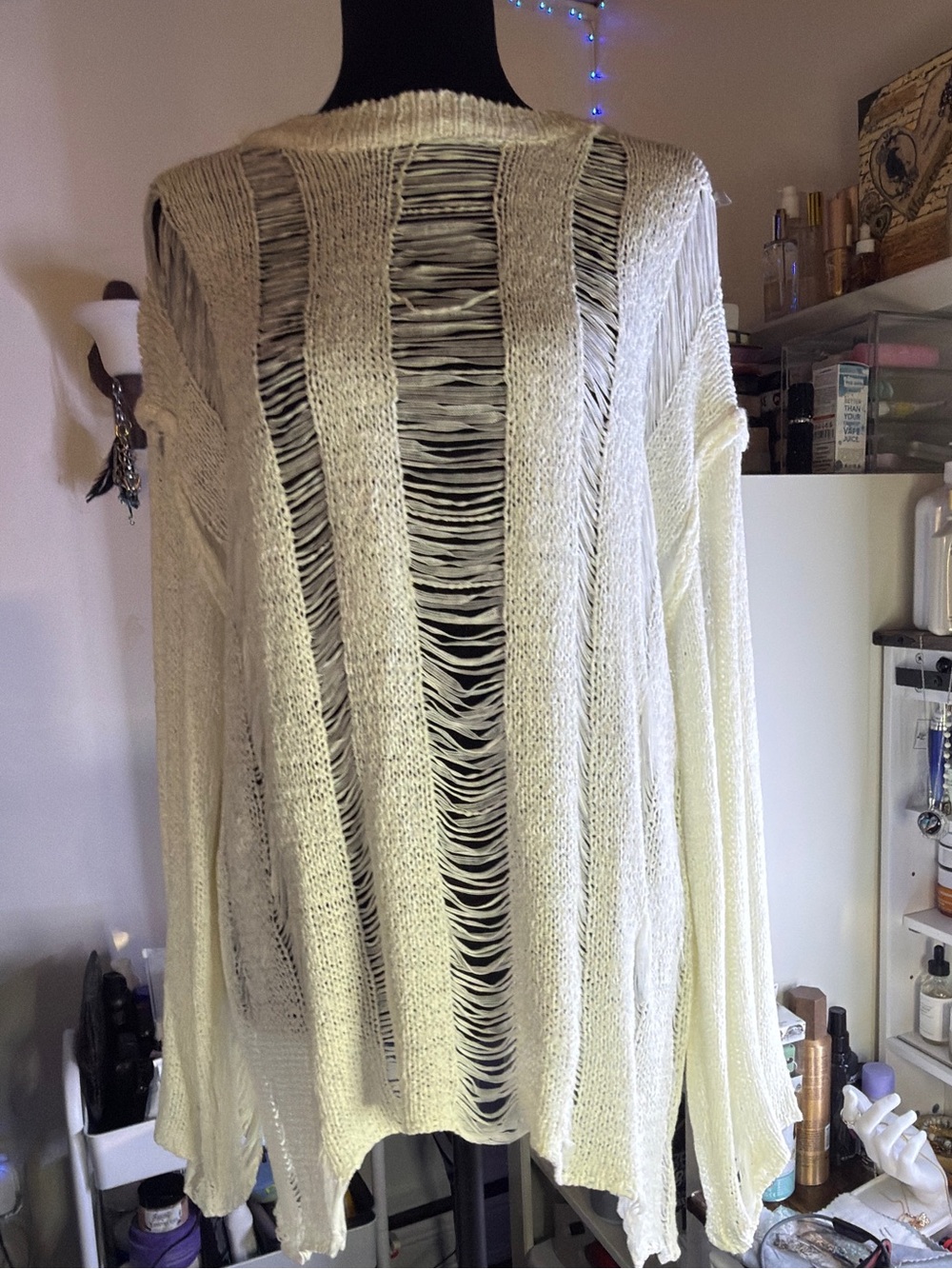 POL Open-Knit Distressed Ivory Sweater